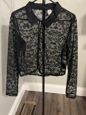 Sheer Black Lace Button-Up Blouse
